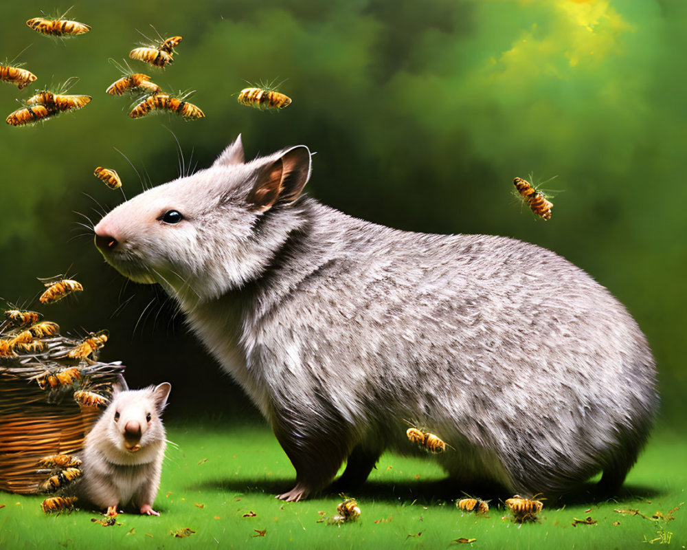 Giant White Mouse with Small Eyes and Bees in Green Meadow