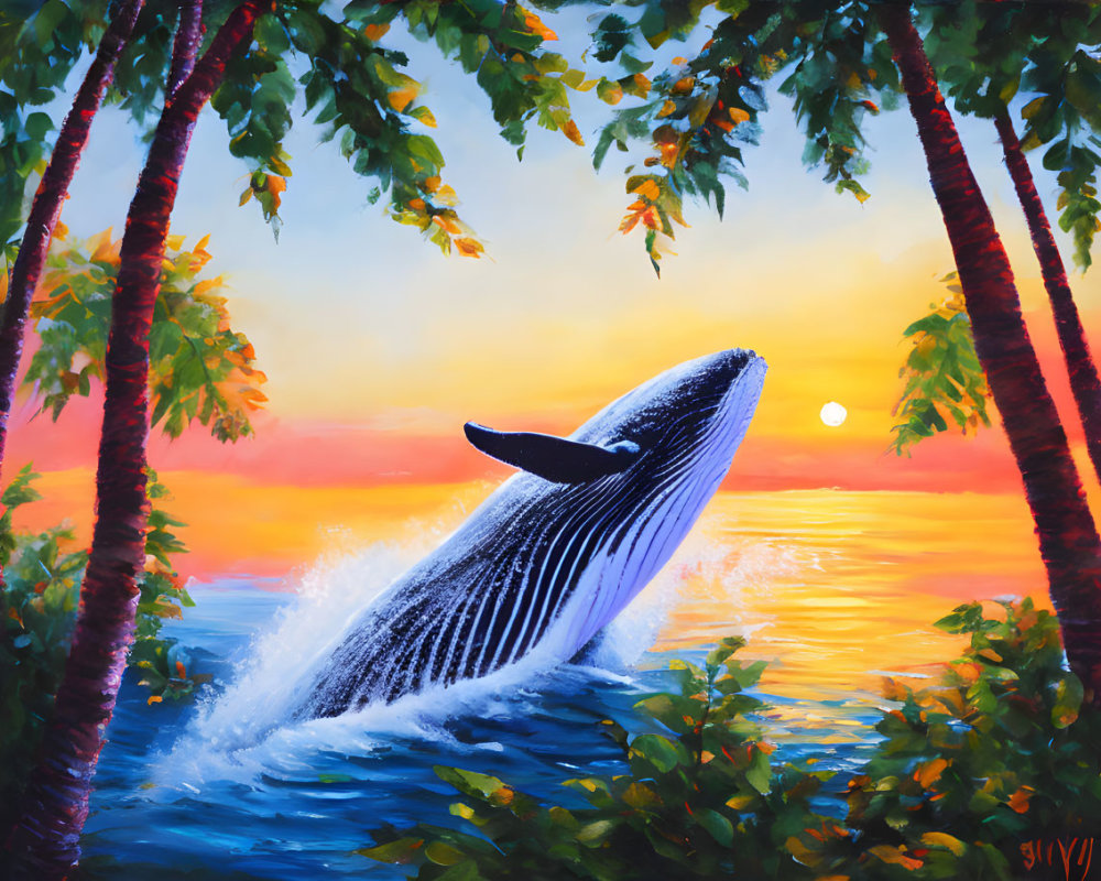 Whale breaching at sunset with colorful skies and tree branches