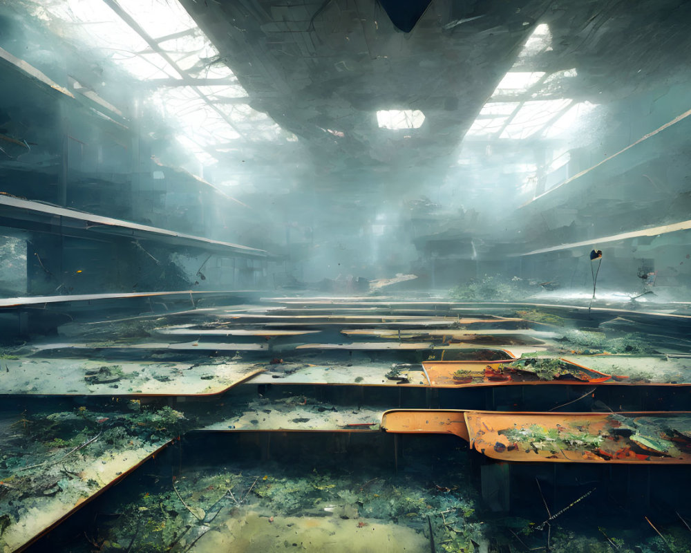 Abandoned building interior with sunlight, dilapidated ceiling, overgrown plants, and scattered debris