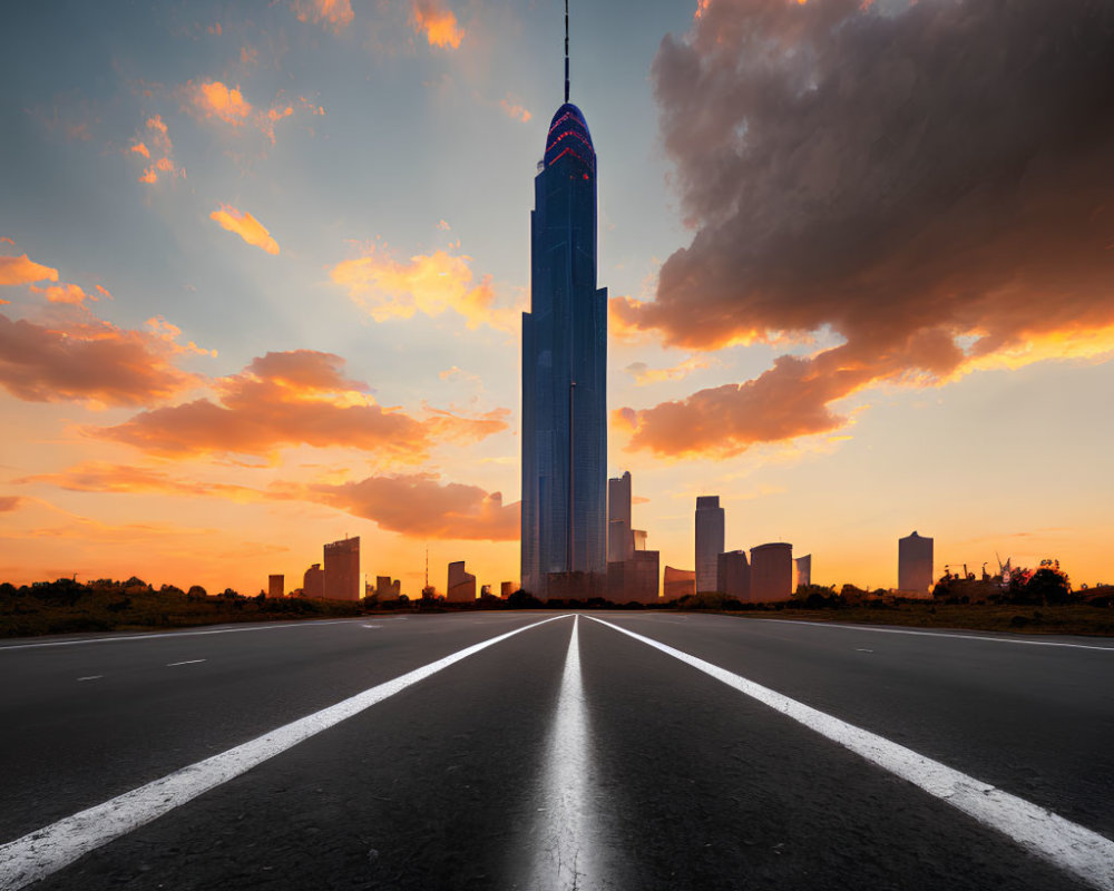 Modern skyscraper against vibrant sunset with dramatic clouds