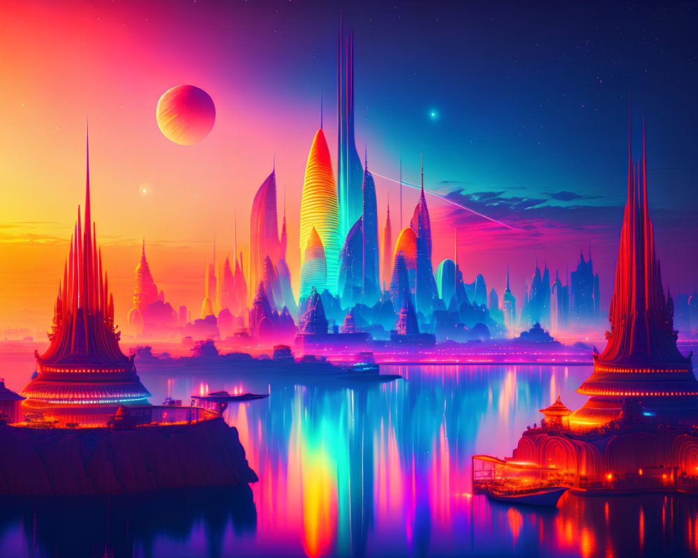 Futuristic cityscape at dusk: neon-lit spires, moon, stars