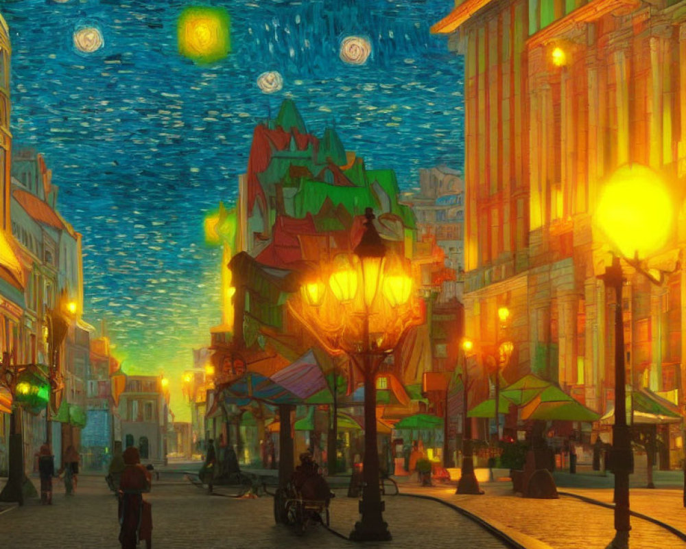 Colorful night street scene with glowing lanterns and swirling sky