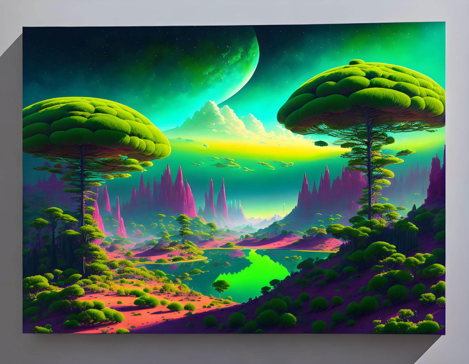 Surreal landscape with oversized mushroom-like trees and neon pink spikes