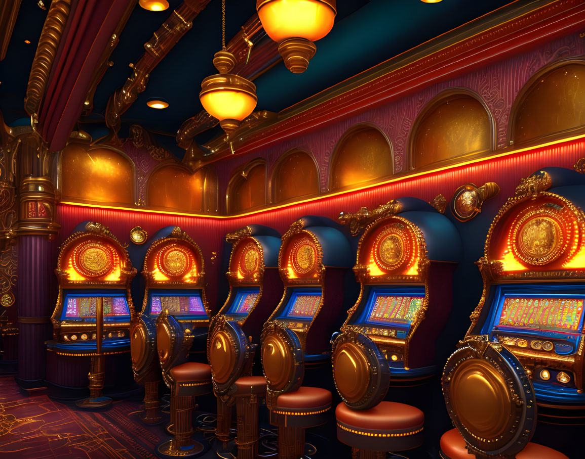 Luxurious Casino Interior with Gold-Trimmed Slot Machines