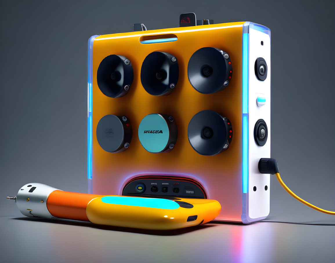 Oversized orange boombox with speakers, USB port, and microphone on grey background