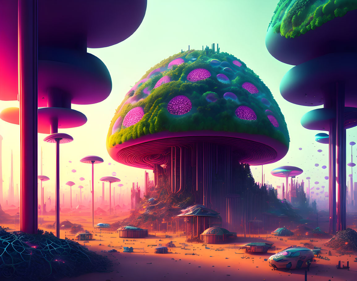 Futuristic sci-fi landscape with mushroom-like structures and flying vehicles