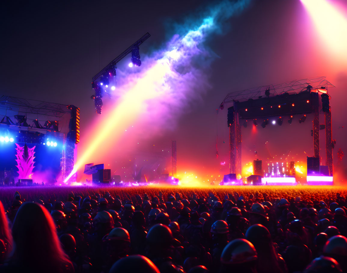 Colorful Night Outdoor Concert Scene with Large Crowd and Stage Structures