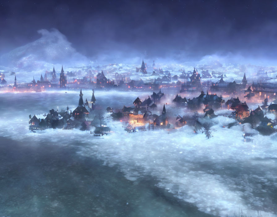 Twilight village in frost with glowing windows and frozen river