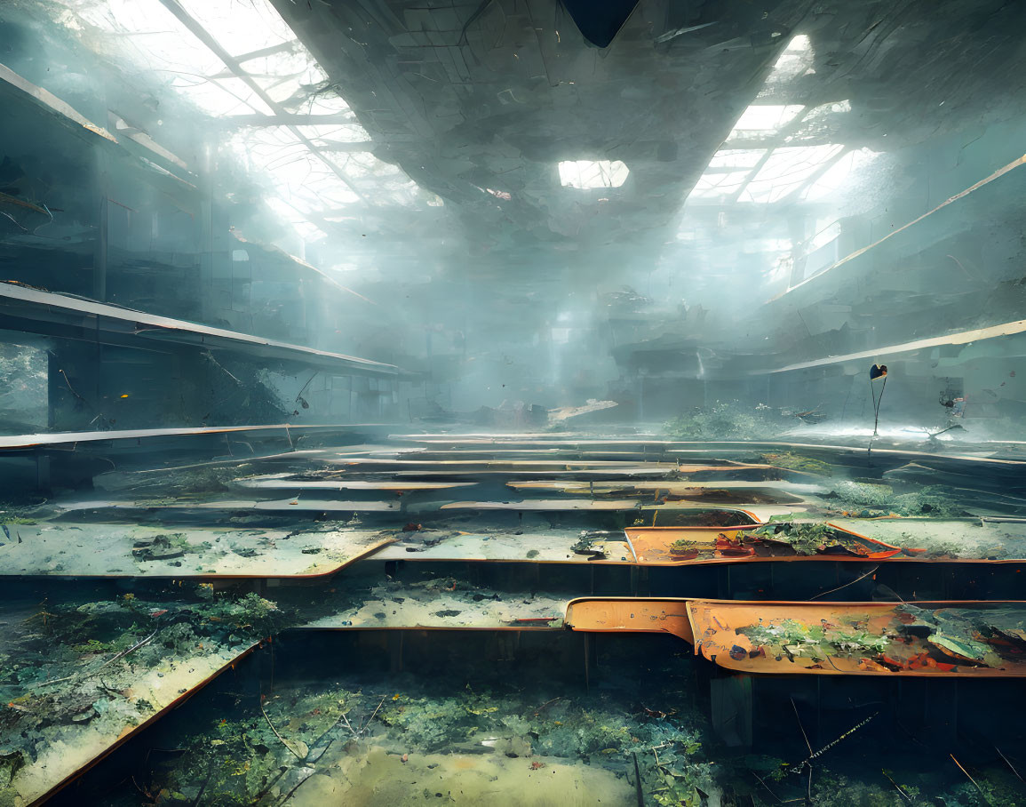 Abandoned building interior with sunlight, dilapidated ceiling, overgrown plants, and scattered debris