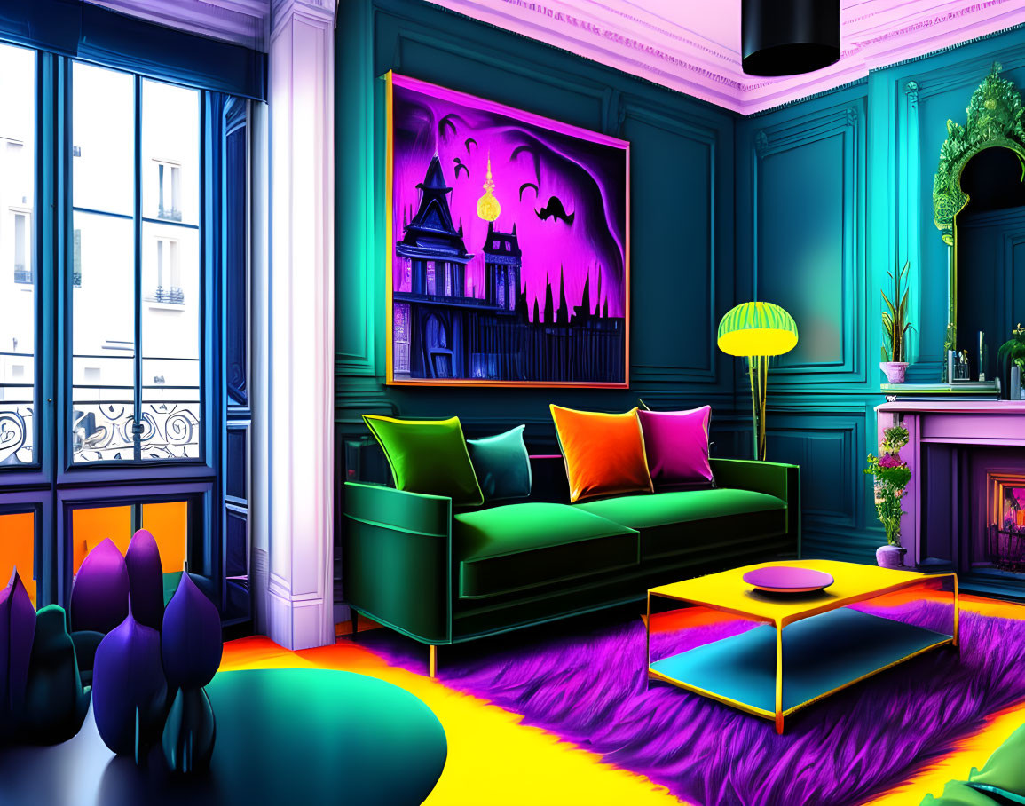 Colorful Living Room Decor with Turquoise Wall, Green Sofa, Purple Sky Painting, Yellow Lamp &