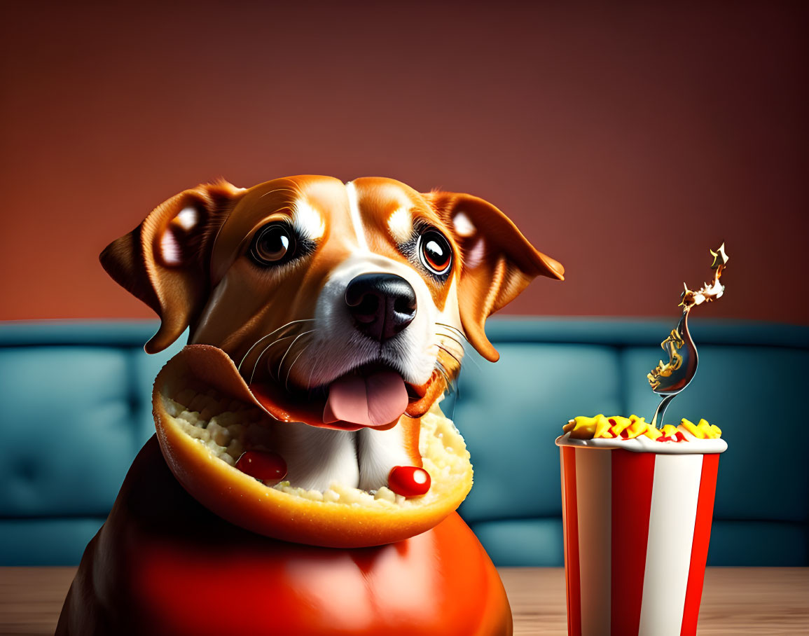 Cartoon Dog with Hotdog Collar and Popcorn Burst on Blue Sofa