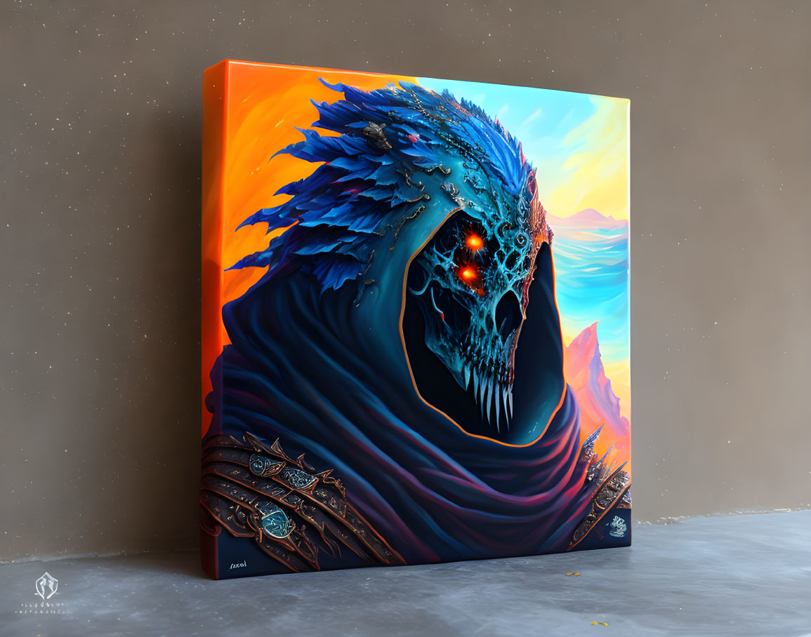 Colorful Skull Painting with Feathers, Red Eye, and Armor on Sunset Background