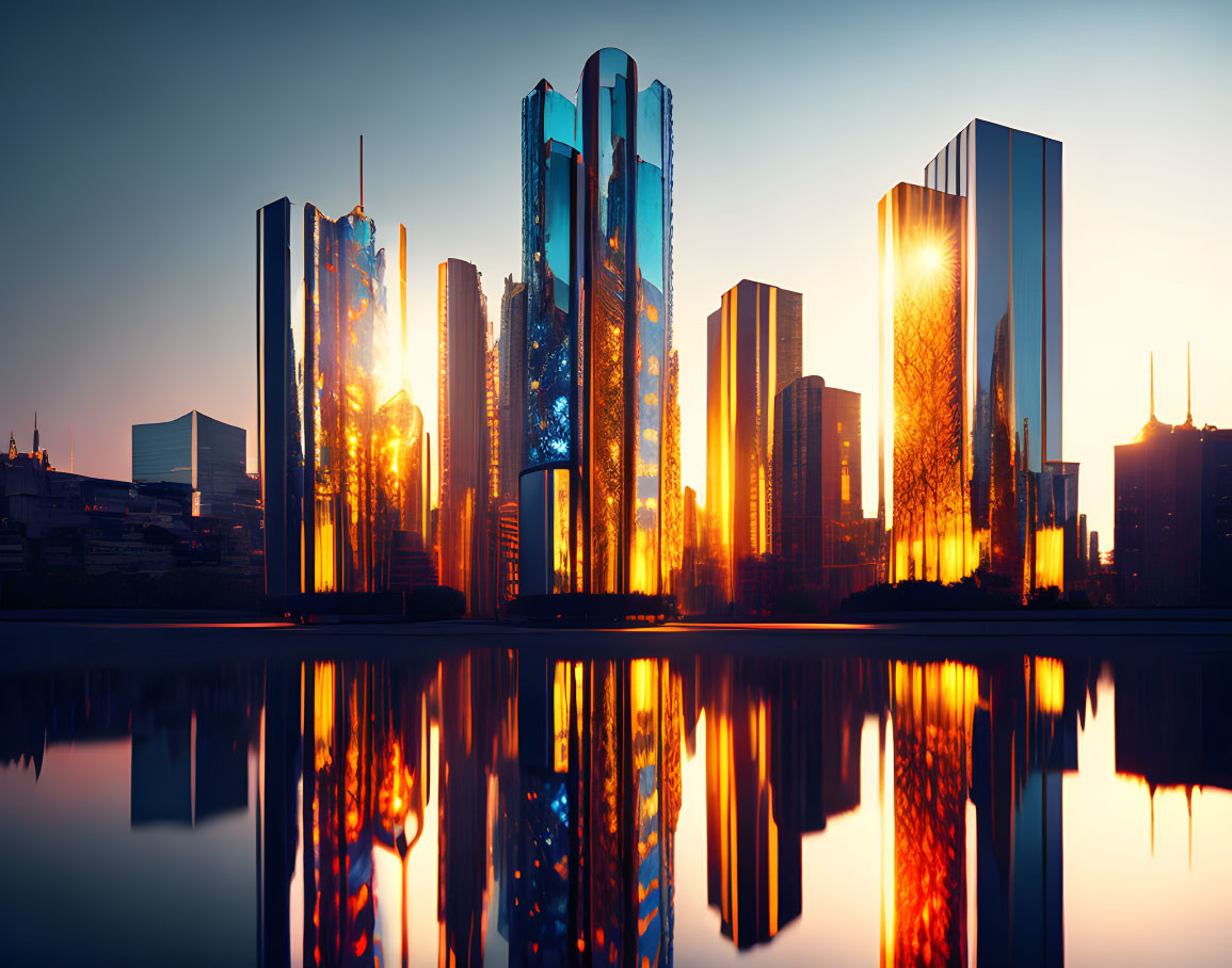 Urban skyline at sunset with glass skyscrapers reflecting on calm water