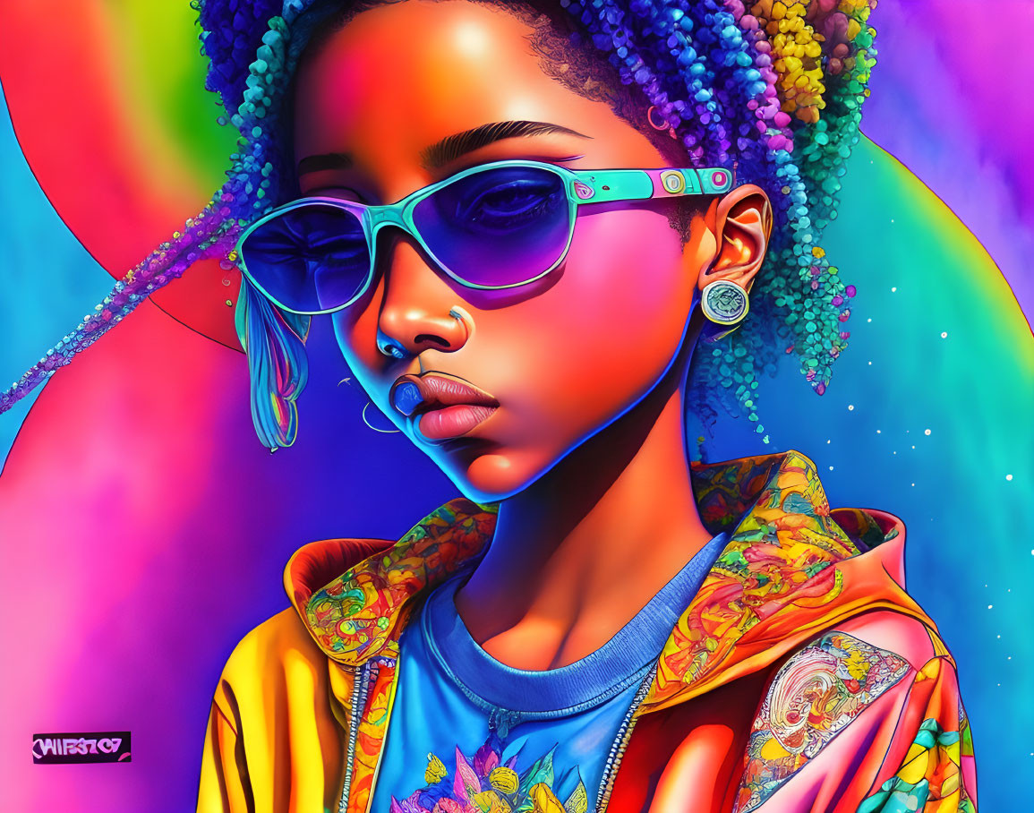 Colorful digital artwork: Woman with blue sunglasses, vibrant hair beads, and colorful jacket on vibrant background