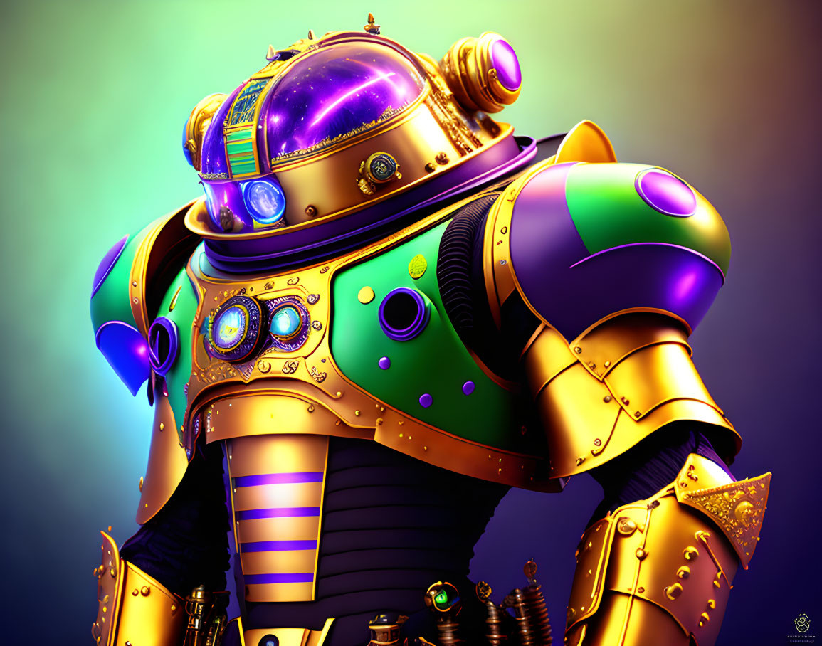 Vibrant futuristic robot art with golden helmet and colorful armor