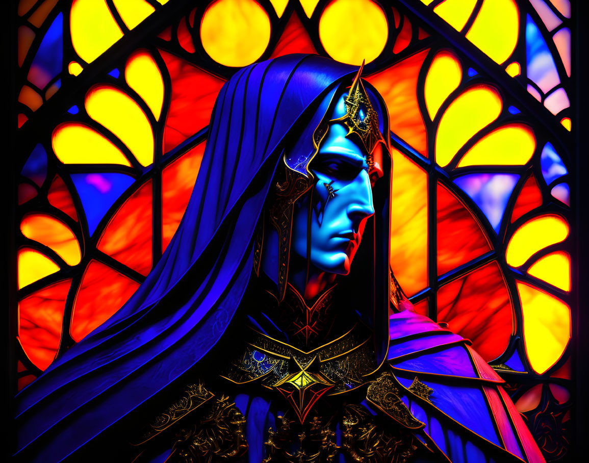 Regal blue-skinned figure in ornate armor by stained-glass window