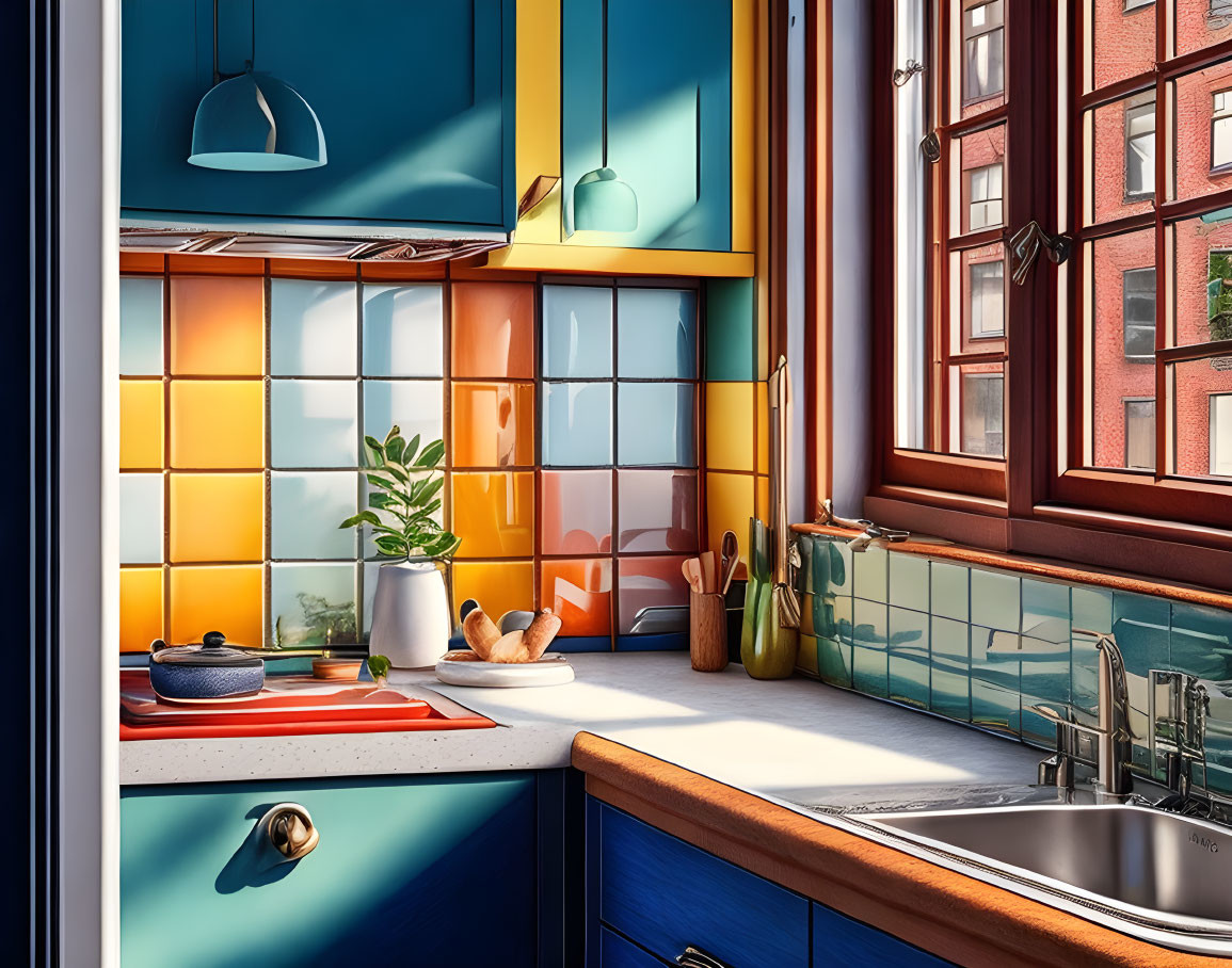 Colorful Tiled Backsplash, Blue Cabinets, City View Kitchen Scenery