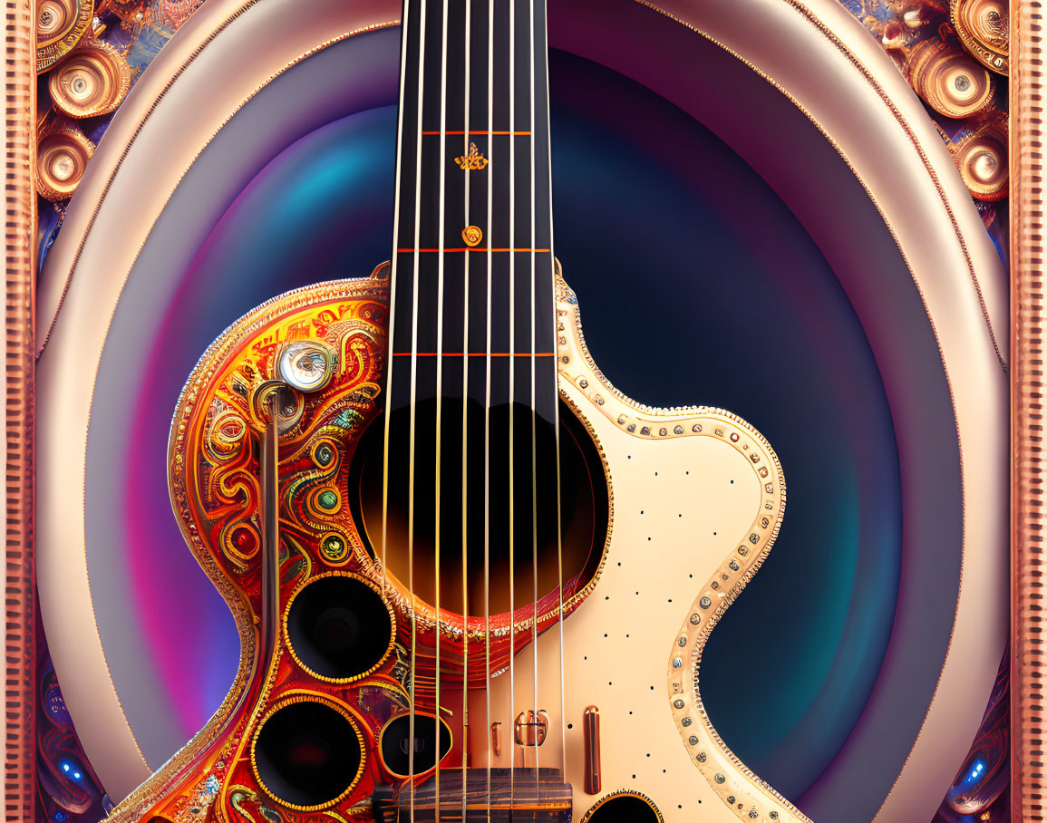 Highly Decorated Guitar on Colorful Abstract Background