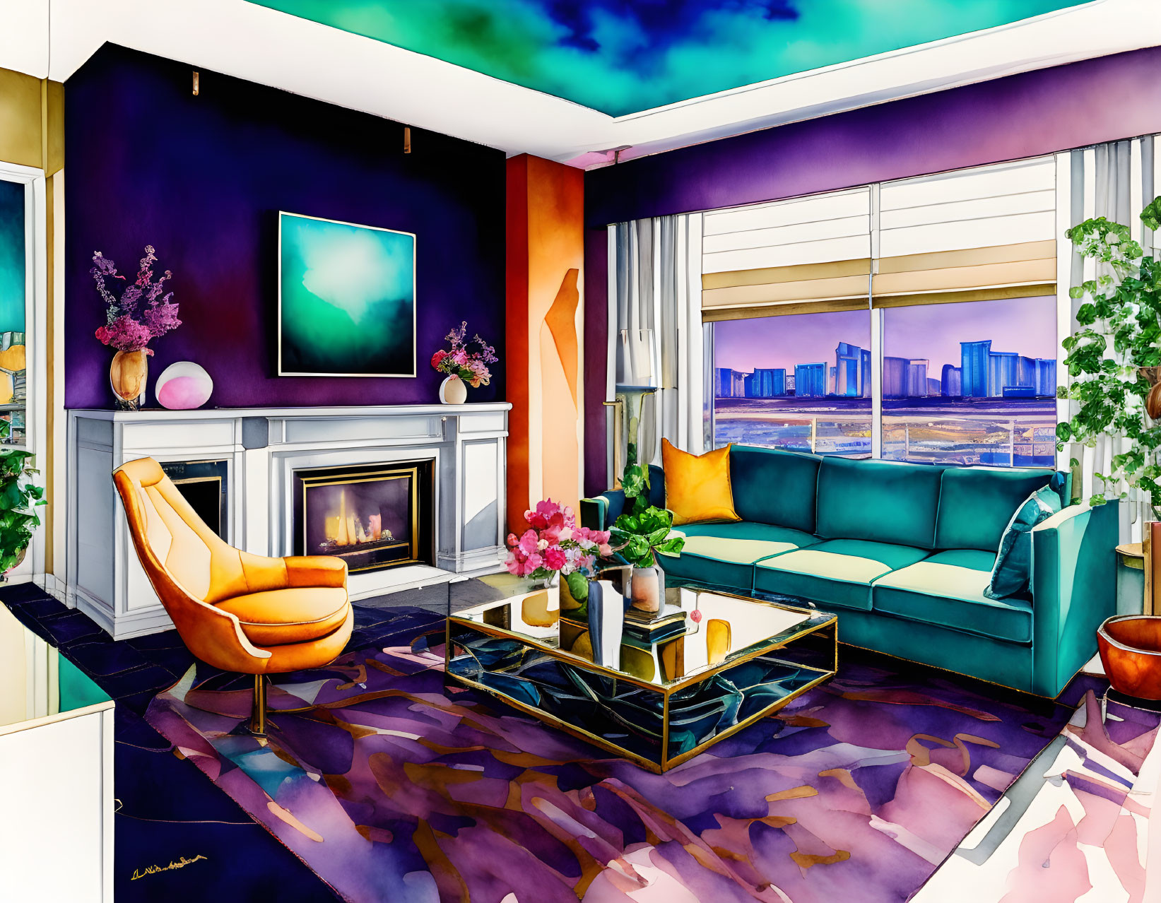 Vibrant living room with teal sofa, orange chair, fireplace, city view, colorful rug,