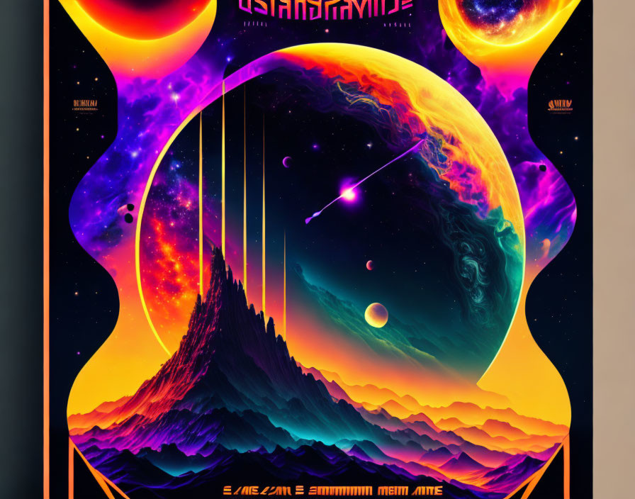 Colorful Space-themed Poster with Planets, Mountains, Comets, and Galaxies