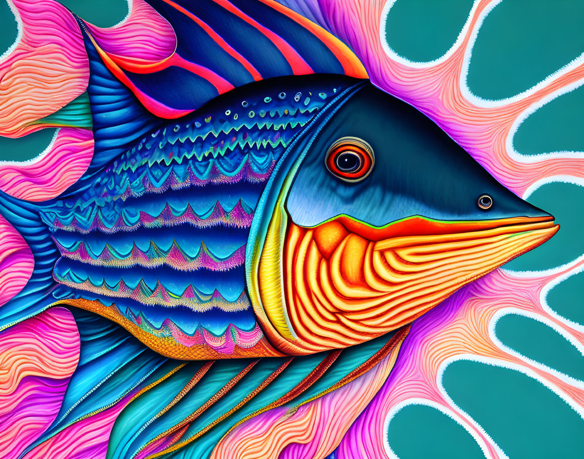 Colorful digital fish art with intricate patterns on abstract background