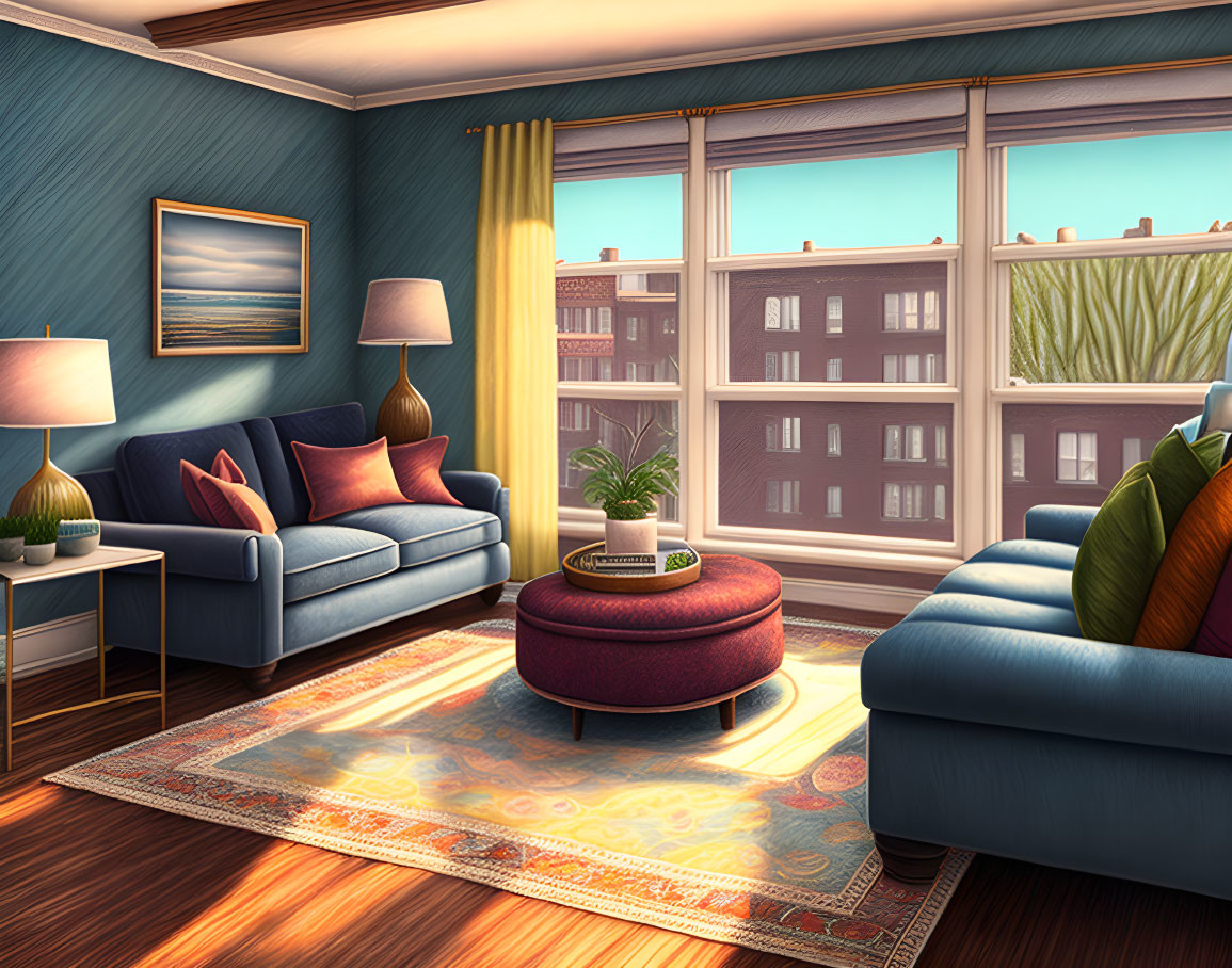 Cozy Room with Blue Sofas, Patterned Rug, Ottoman, Wall Art, and City View