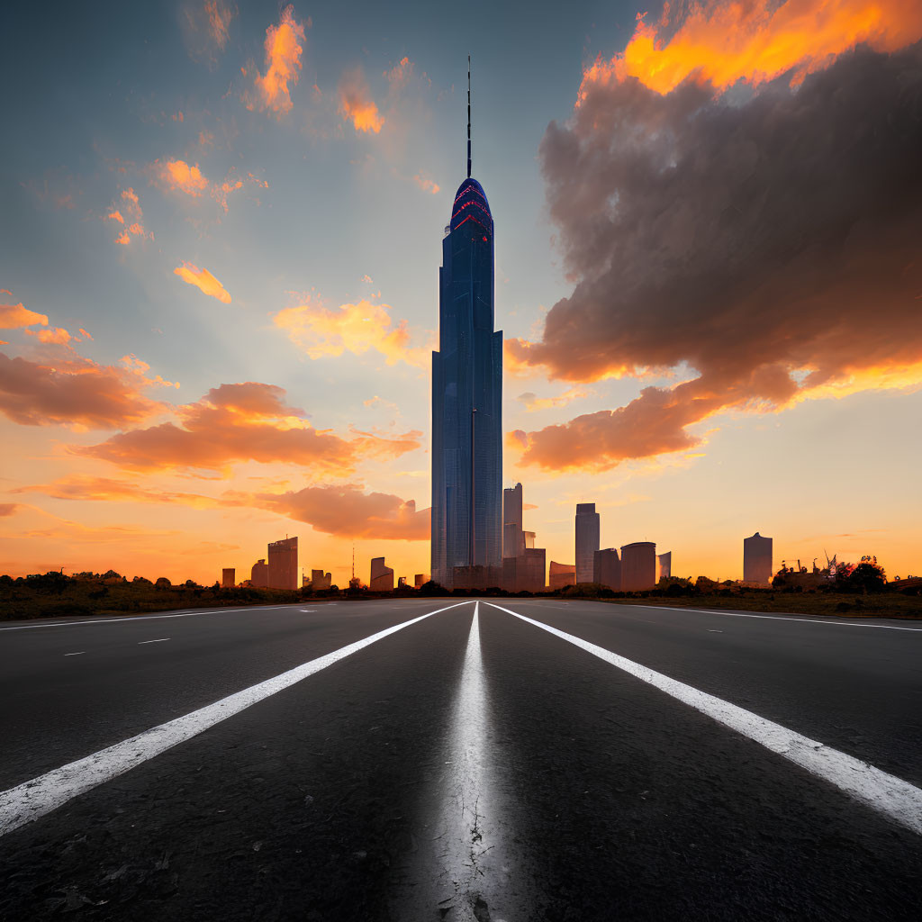 Modern skyscraper against vibrant sunset with dramatic clouds