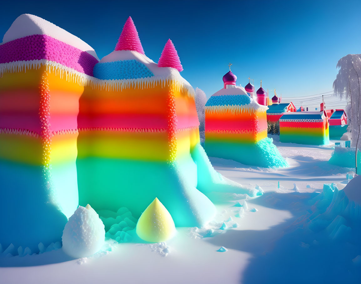 Colorful layered igloo-like structures in whimsical winter landscape