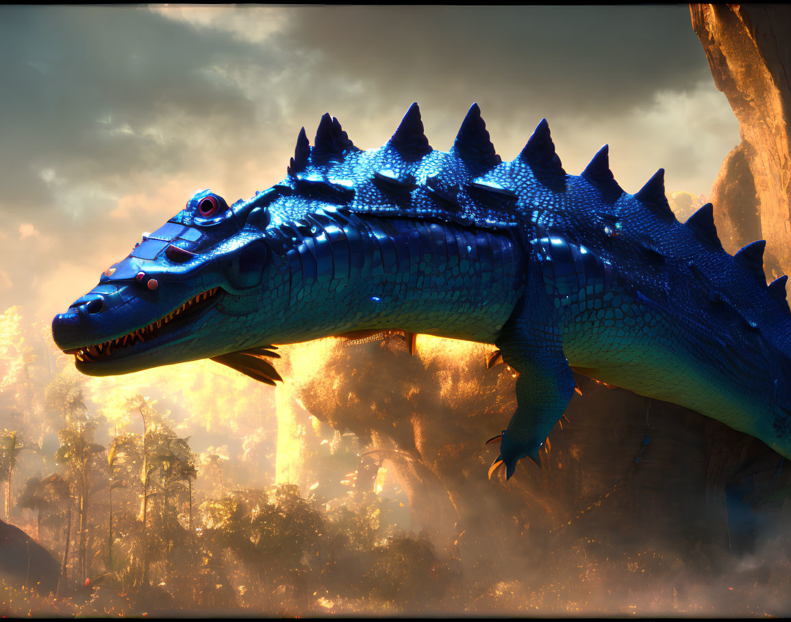 Blue-Scaled Dragon Creature in Golden-Lit Forest