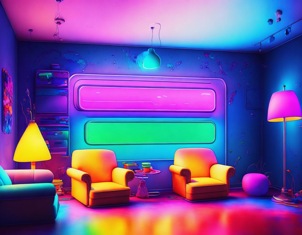 Colorful Neon-Lit Room with Modern & Retro-Futuristic Design