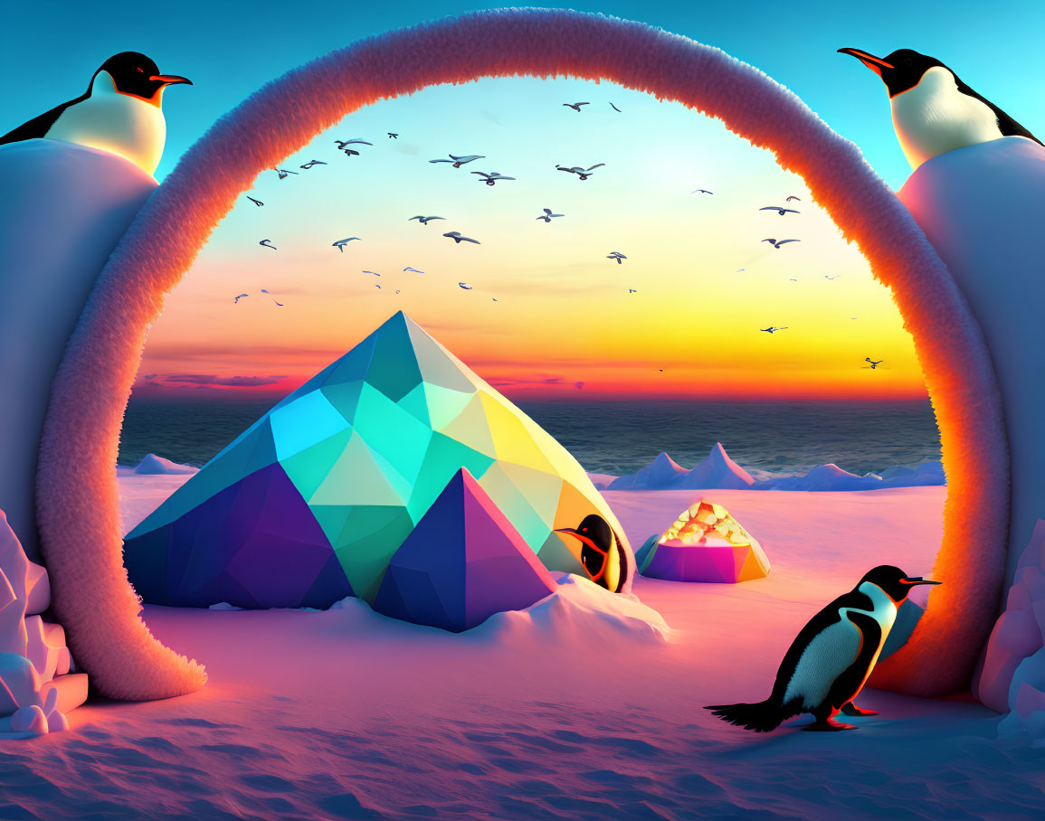 Vibrant geometric igloo in snowy sunset with penguins, arched ice formations, and birds