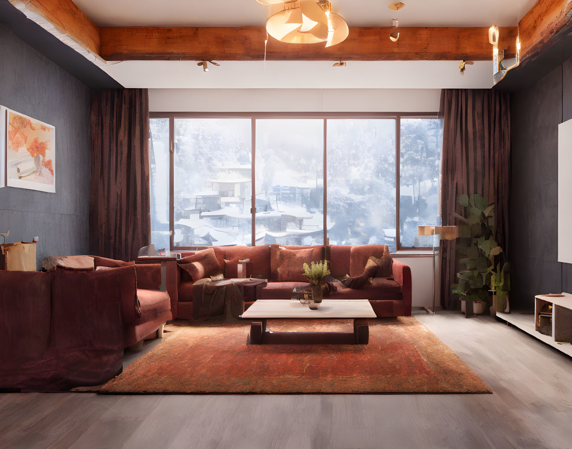 Velvet sofa, warm lighting, wooden beams, snowy view: Cozy living room decor