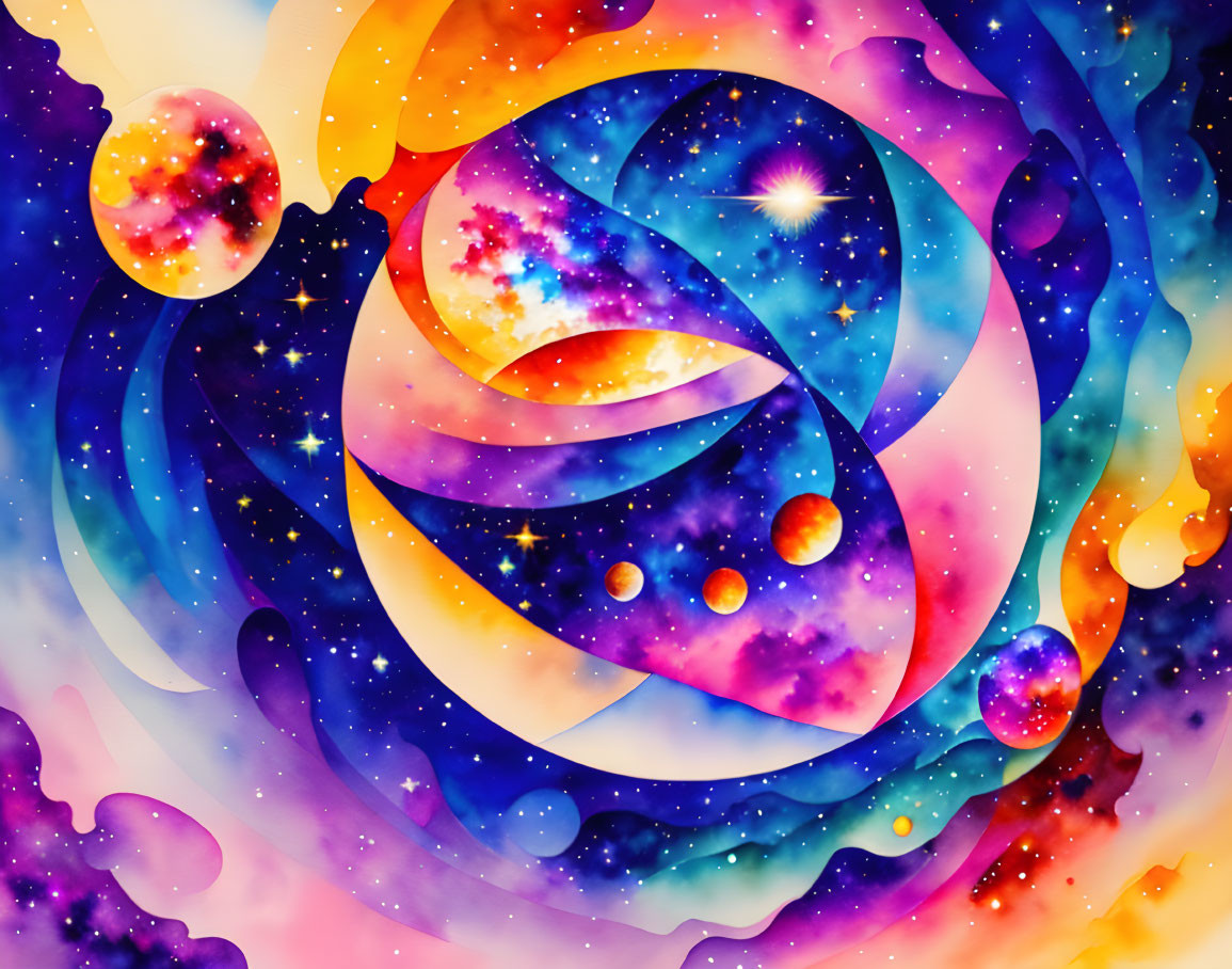 Colorful Abstract Cosmic Illustration with Galaxies and Nebulae