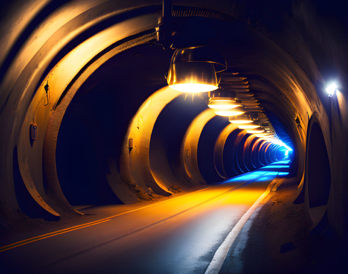 Curved Tunnel with Orange and Blue Lights Reflecting on Road