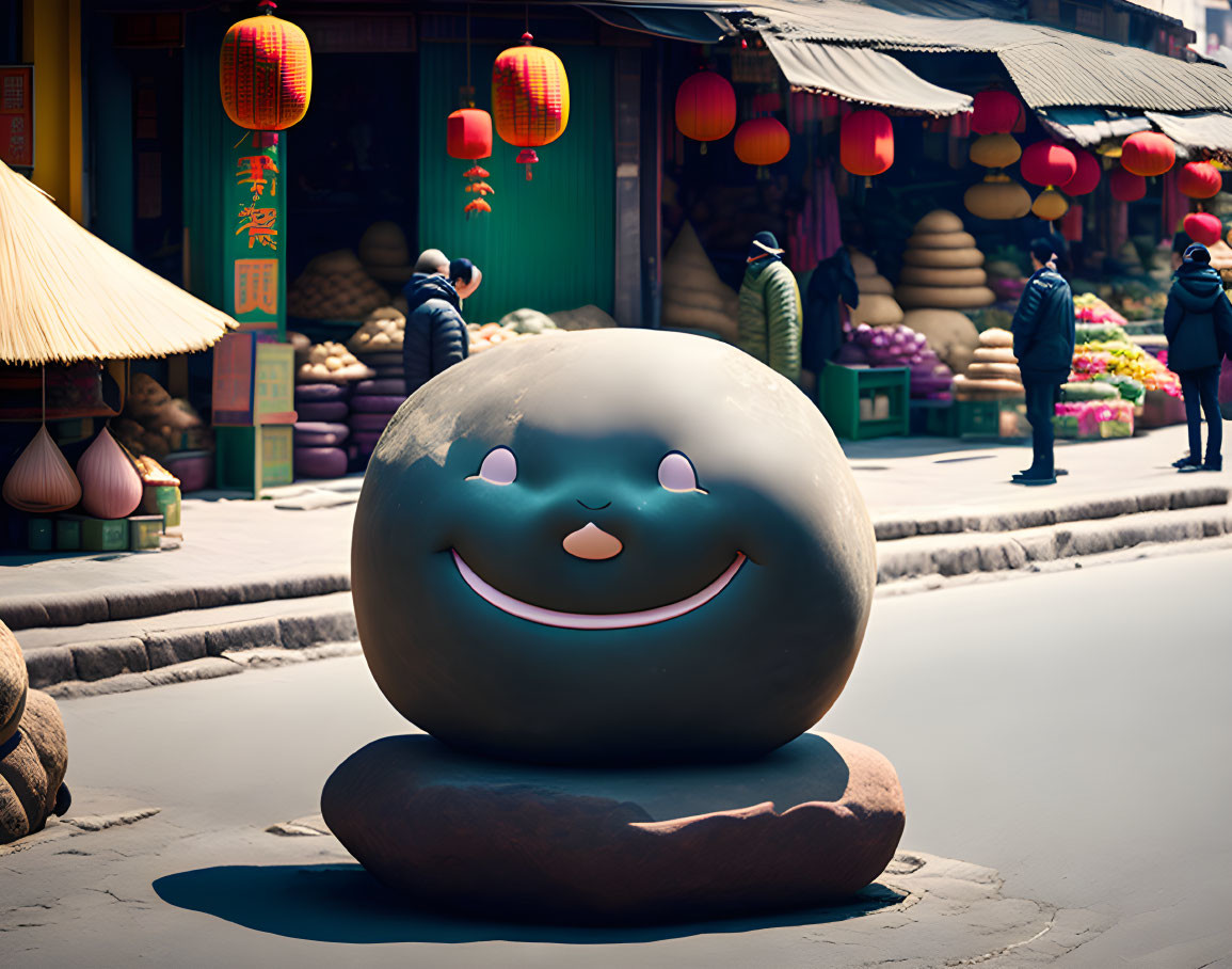 Digital artwork: street scene with people, shops, and oversized smiling emoji-style sphere