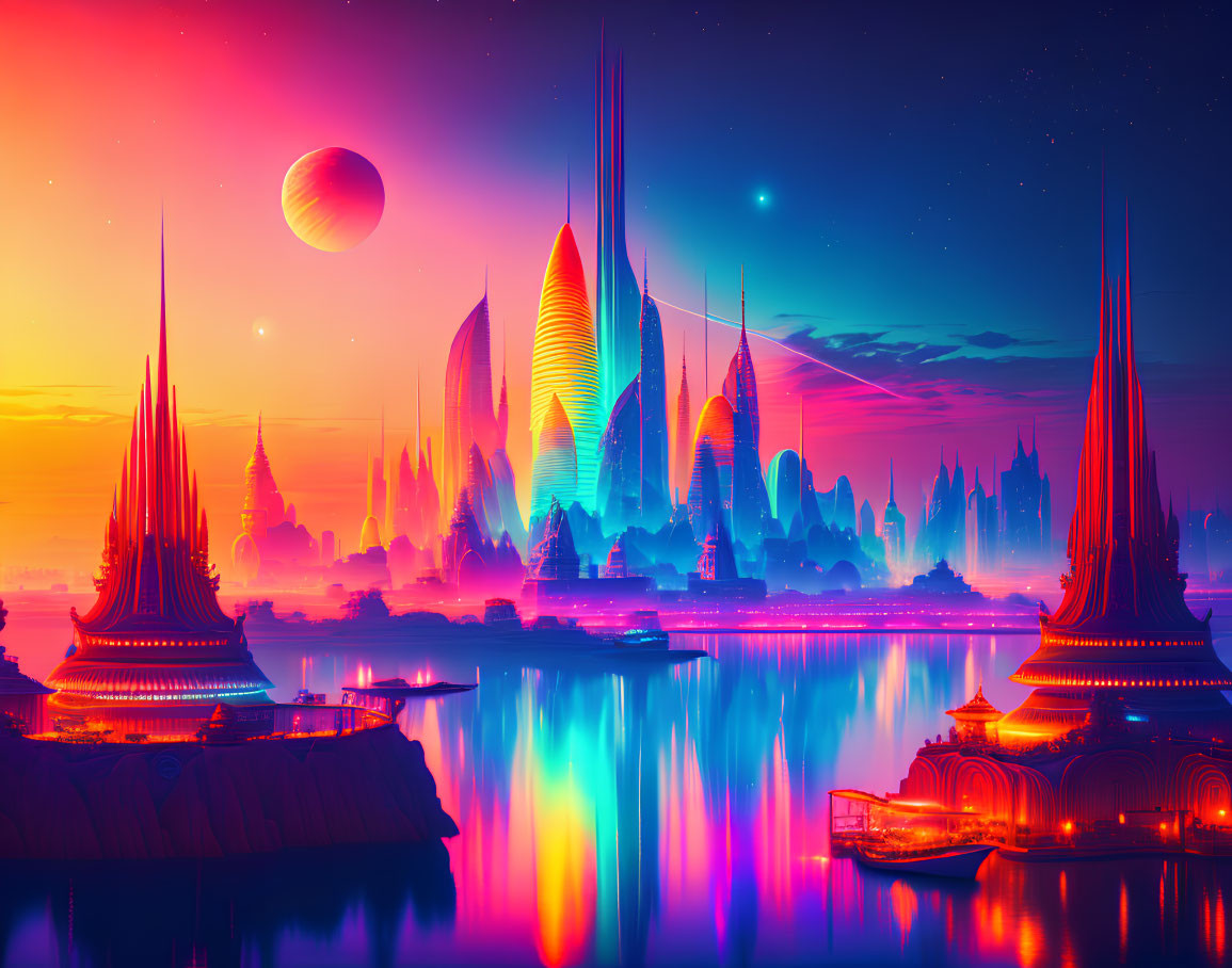 Futuristic cityscape at dusk: neon-lit spires, moon, stars