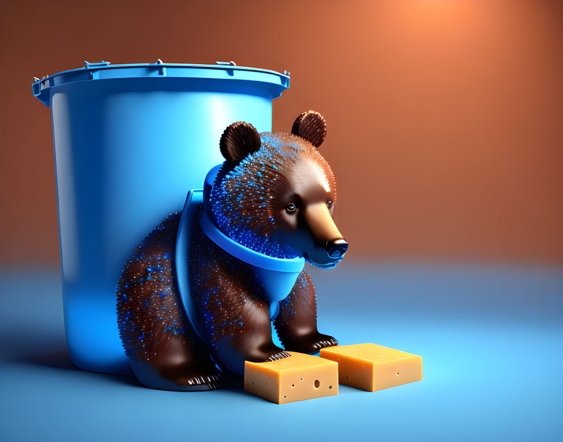 Shiny textured bear with collar beside blue bucket and cheese on orange backdrop