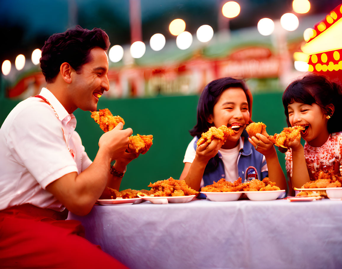 Man and two girls enjoy fried chicken at vibrant outdoor fair