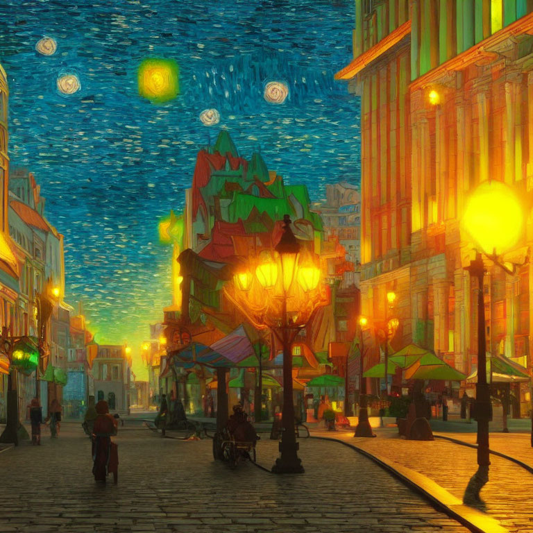 Colorful night street scene with glowing lanterns and swirling sky