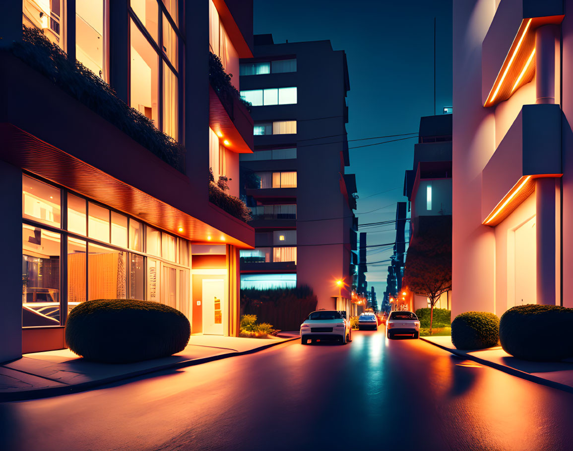 Modern urban street with illuminated buildings at twilight