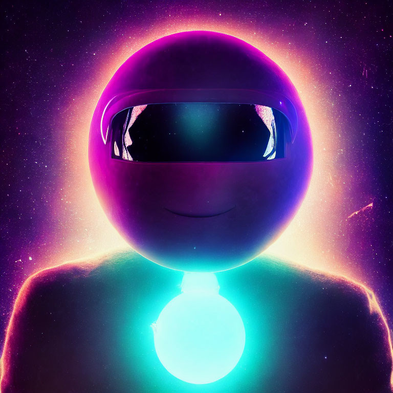 Colorful cosmic figure with glowing orb body and oversized reflective helmet.