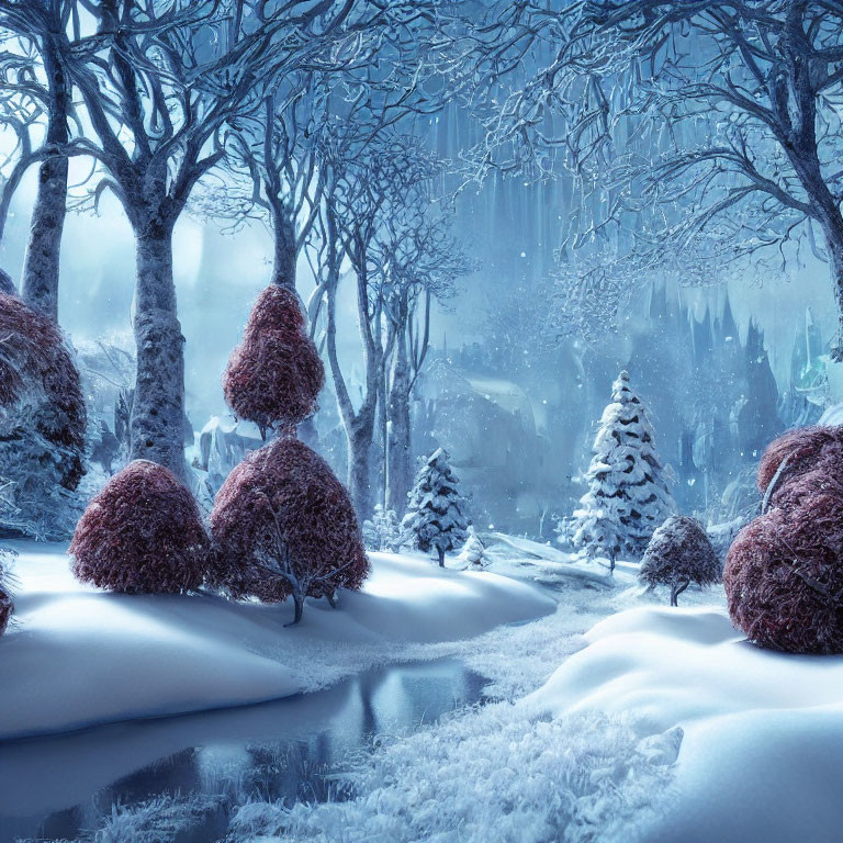 Snow-covered Winter Landscape with Twilight Sky