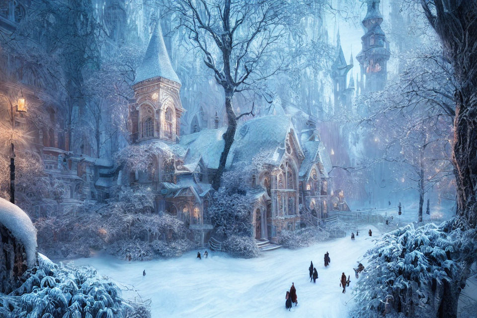 Snowy Twilight Scene: Gothic Village & Frosty Trees