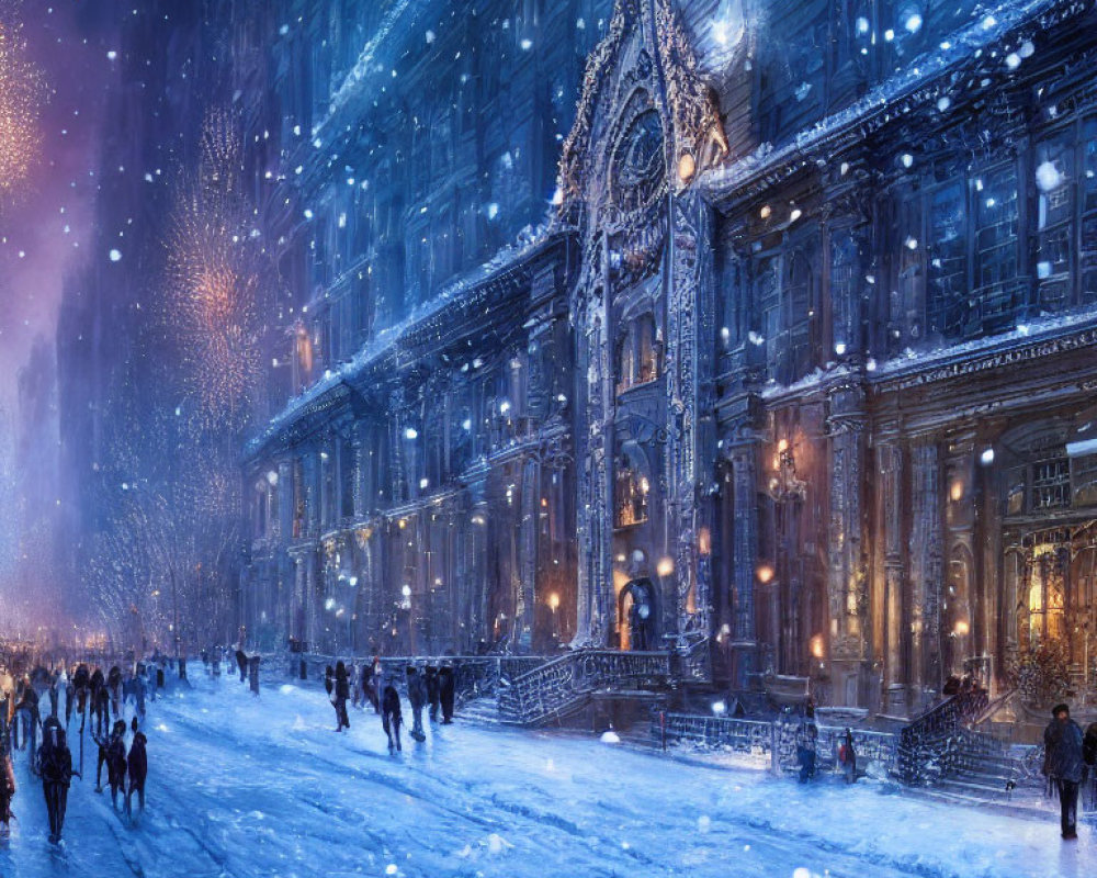 Ornate building with illuminated windows in gentle snowfall