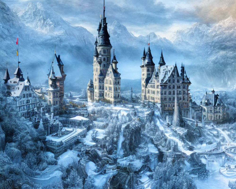 Snow-covered castle with spires and towers in icy landscape