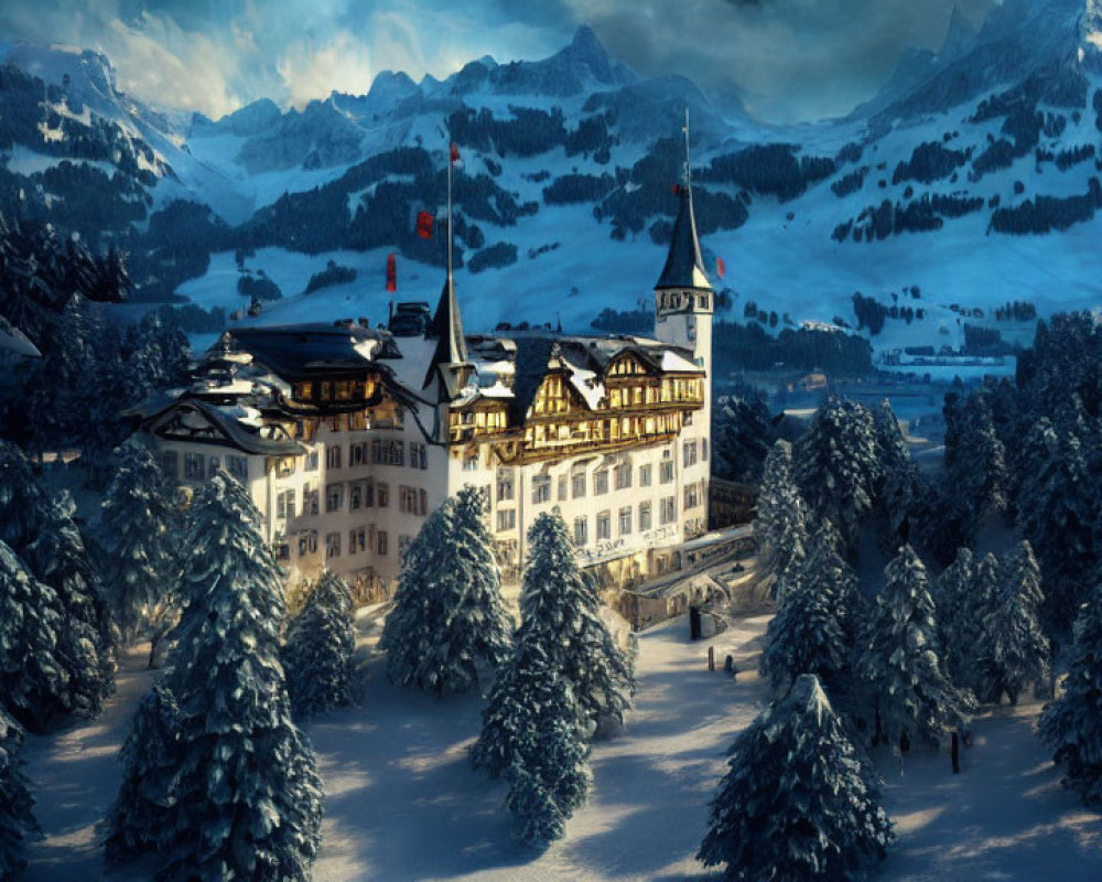 Snow-covered buildings and trees in majestic mountain landscape