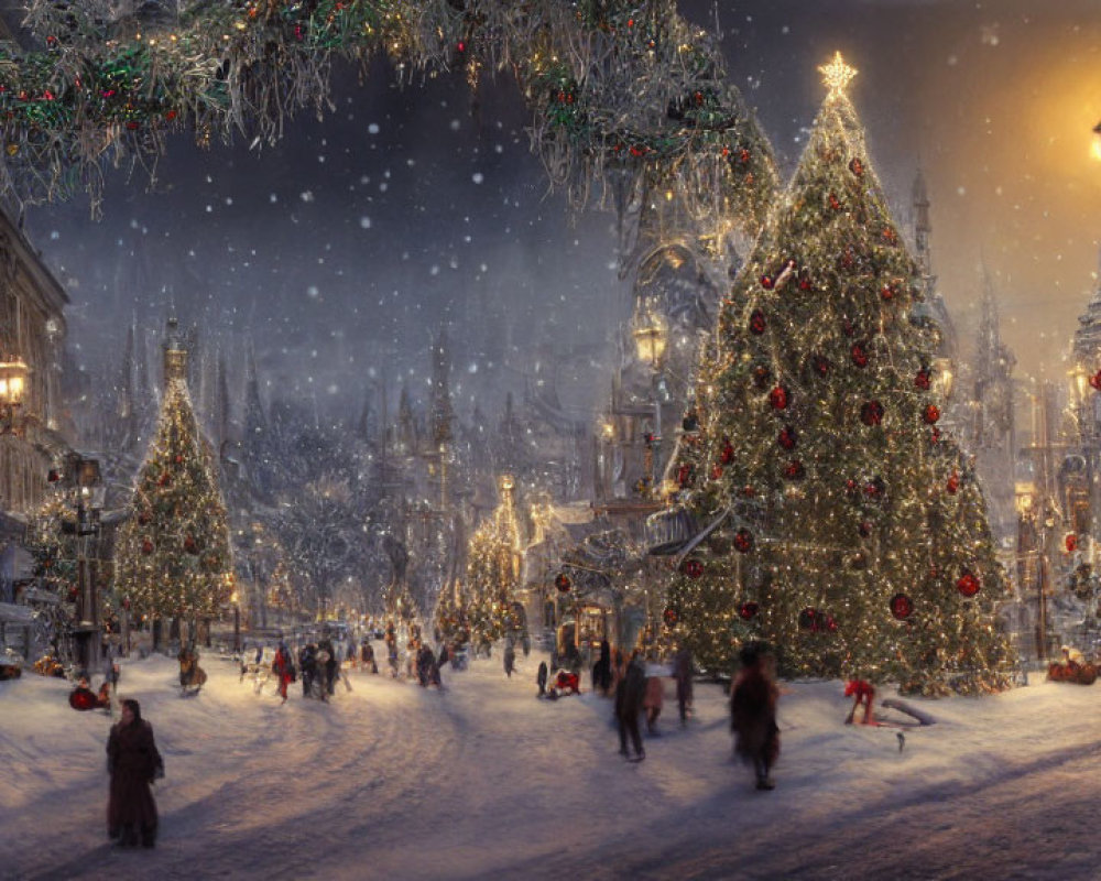 Snowy Christmas street scene with festive decorations and warm street lamp glow