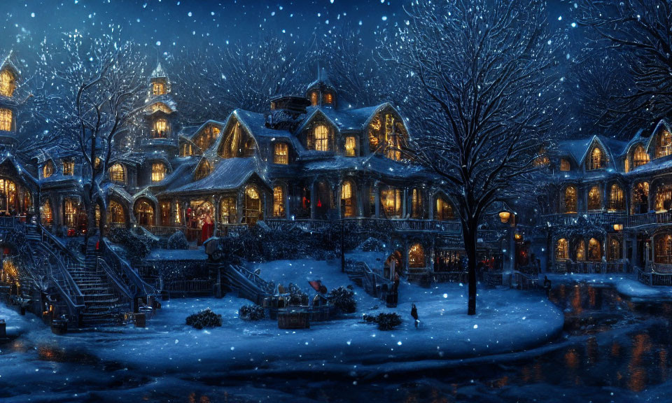 Tranquil Winter Night Scene of Elegant Neighborhood with Snowfall