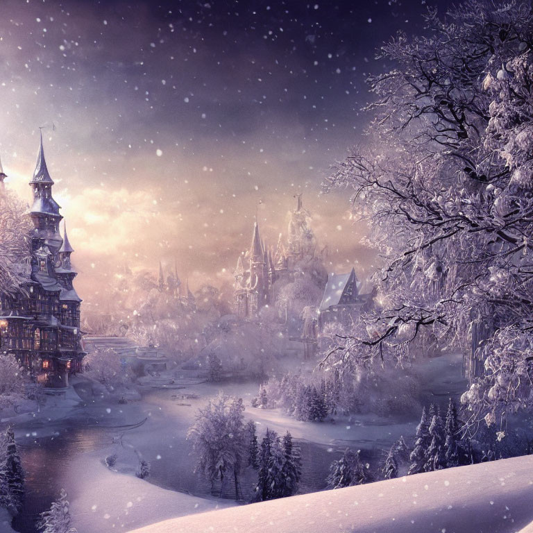 Snow-covered trees, frozen river, illuminated village in twilight landscape