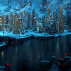 Tranquil Winter Night Scene of Elegant Neighborhood with Snowfall